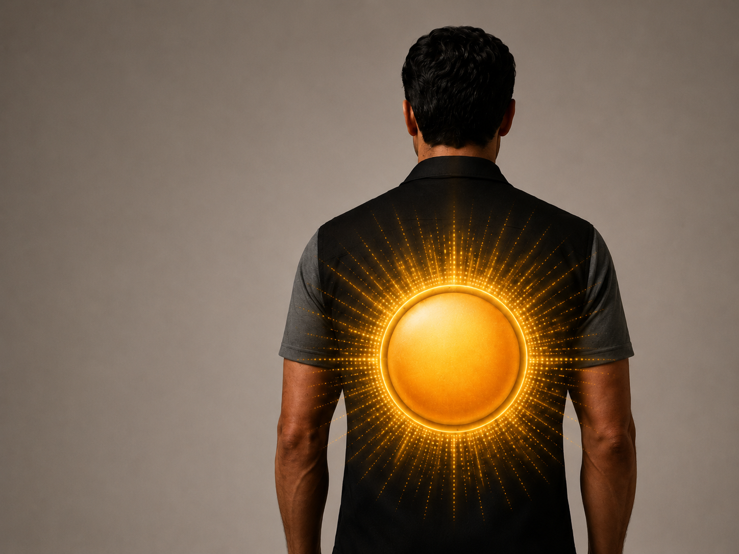 Back view of Say Jackless shirt with glowing sun artwork