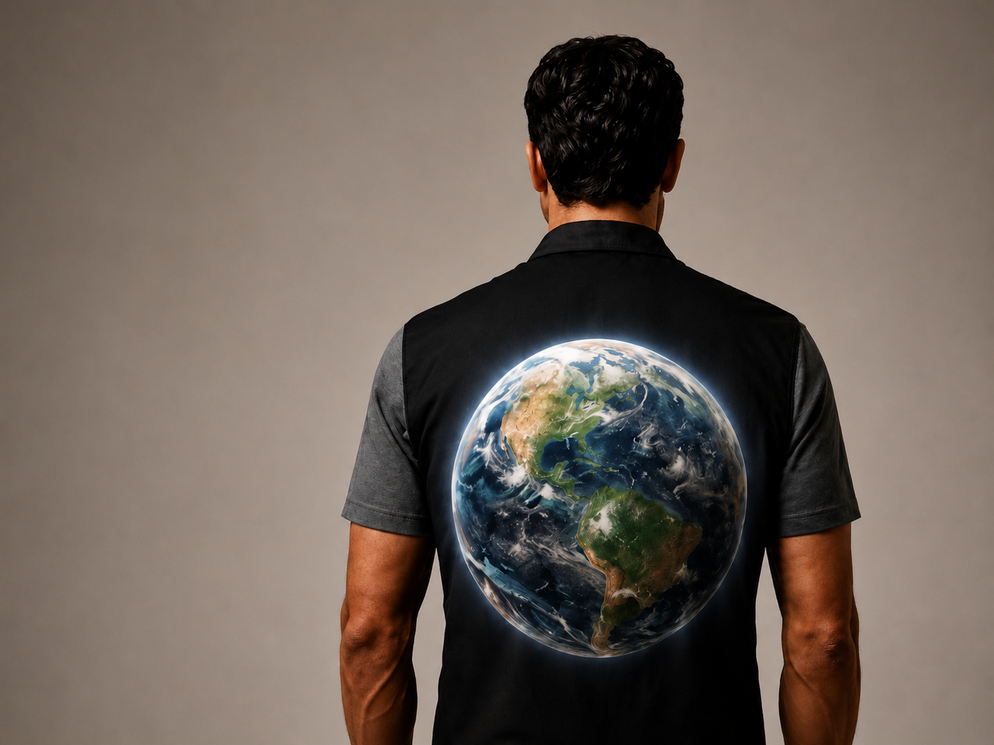 Back view of Say Jackless shirt with earth artwork